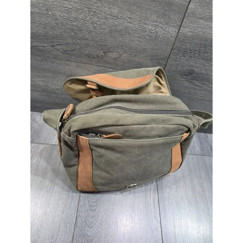 LL Bean Leather Canvas Crossbody Messenger Bag Olive Green Flap Utility B000759